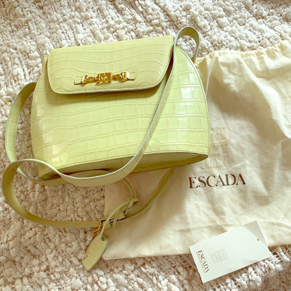 Escada Green Croc Embossed Leather Handbag